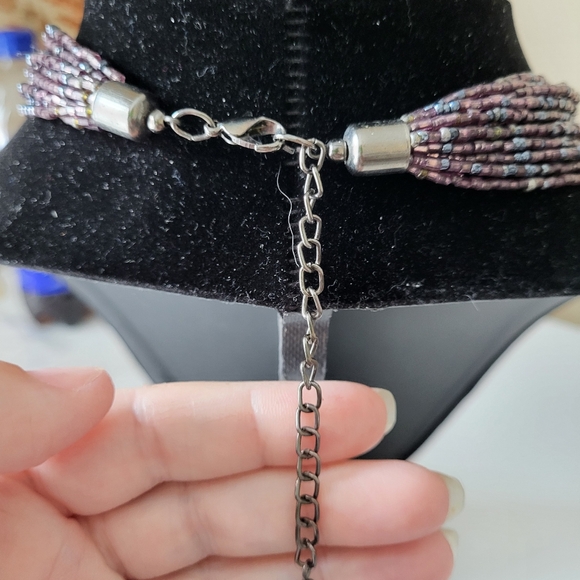 Purple Multistrand Knotted Seed Bead Necklace and Vintage Enamel Earrings - Picture 8 of 16